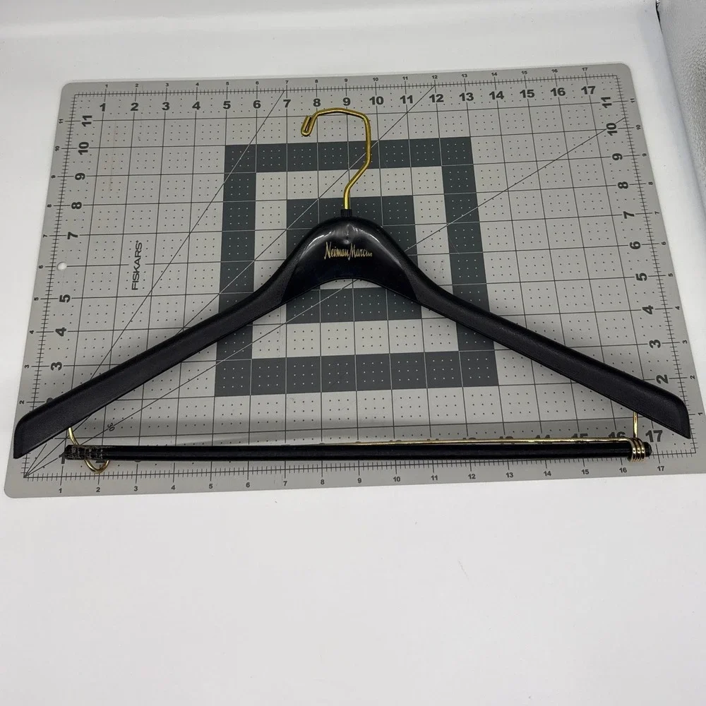 Neiman Marcus Black Suit Hanger with Trouser Bar Gold Logo Brass Swivel Hook